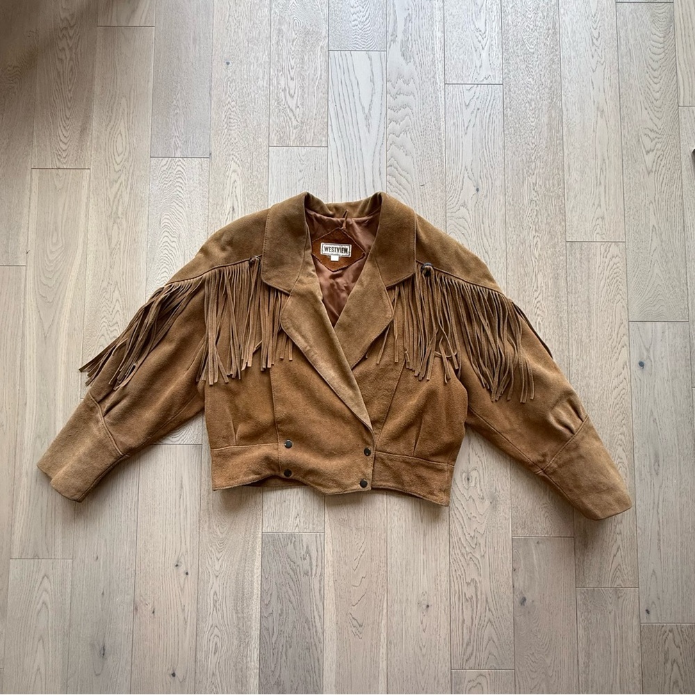 Vintage Westview Fringed Satin Lined Tan Jacket Size L